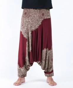 HaremPants.com Floral Mandalas Drop Crotch Men's Harem Pants In Maroon