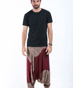 HaremPants.com Floral Mandalas Drop Crotch Men's Harem Pants In Maroon