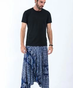 HaremPants.com Marble Elephant Drop Crotch Men's Elephant Pants In Blue