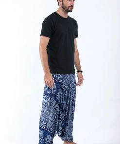 HaremPants.com Marble Elephant Drop Crotch Men's Elephant Pants In Blue