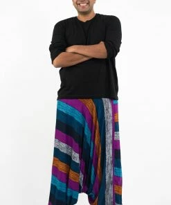 HaremPants.com Plus Size Boho Blue Striped Drop Crotch Men's Harem Pants