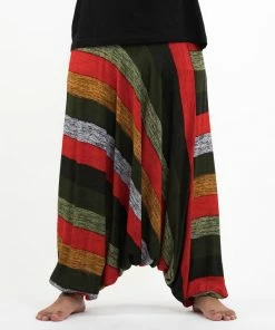 HaremPants.com Plus Size Boho Green Striped Drop Crotch Men's Harem Pants