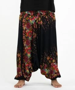 HaremPants.com Plus Size Floral Drop Crotch Men's Harem Pants In Black