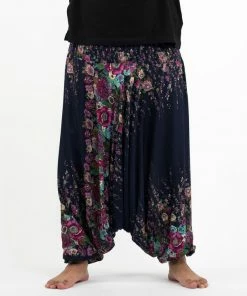 HaremPants.com Plus Size Floral Drop Crotch Men's Harem Pants In Blue
