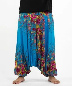 HaremPants.com Plus Size Floral Drop Crotch Men's Harem Pants In Ocean Blue