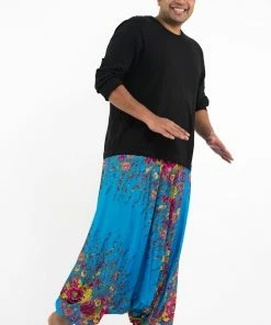 HaremPants.com Plus Size Floral Drop Crotch Men's Harem Pants In Ocean Blue