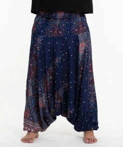 HaremPants.com Plus Size Peacock Feathers Drop Crotch Men's Harem Pants In Blue