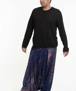 HaremPants.com Plus Size Peacock Feathers Drop Crotch Men's Harem Pants In Blue