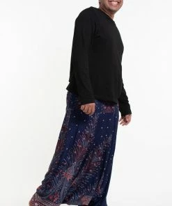 HaremPants.com Plus Size Peacock Feathers Drop Crotch Men's Harem Pants In Blue