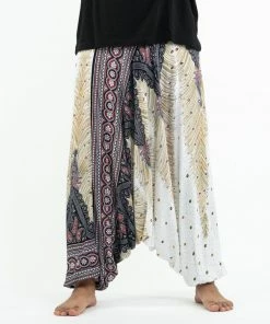 HaremPants.com Plus Size Peacock Feathers Drop Crotch Men's Harem Pants In White