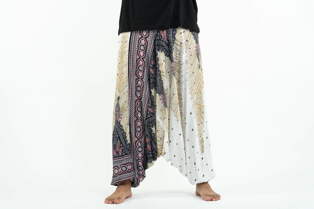 HaremPants.com Plus Size Peacock Feathers Drop Crotch Men's Harem Pants In White 4 HaremPants.com Plus Size Peacock Feathers Drop Crotch Men's Harem Pants In White