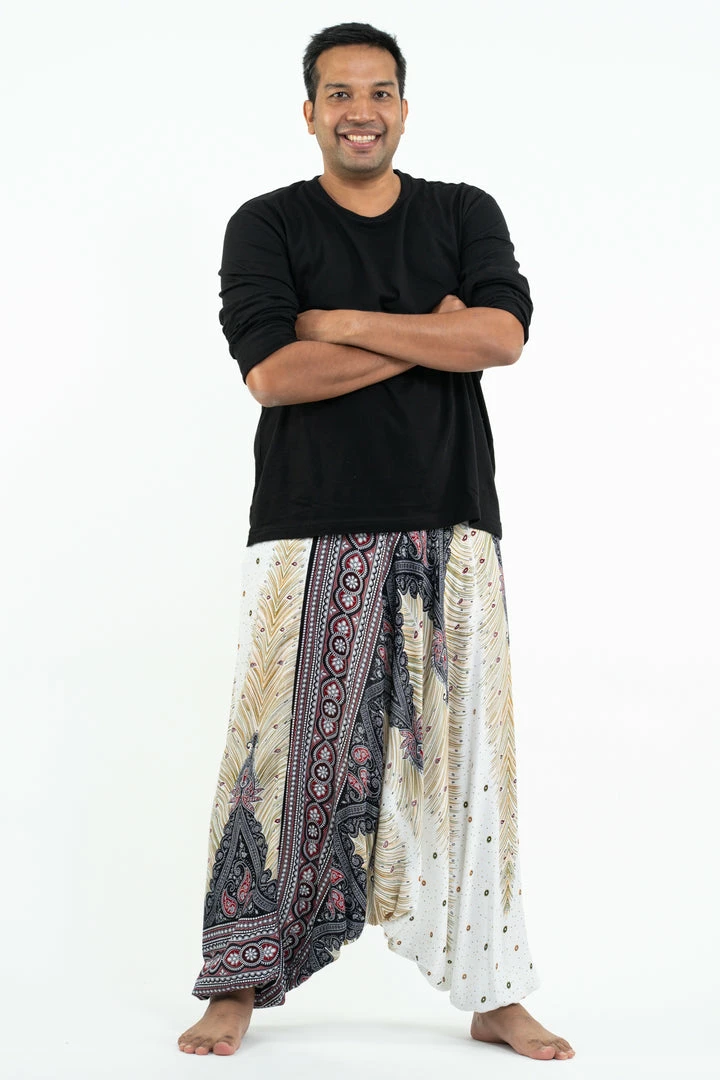 HaremPants.com Plus Size Peacock Feathers Drop Crotch Men's Harem Pants In White 3 HaremPants.com Plus Size Peacock Feathers Drop Crotch Men's Harem Pants In White