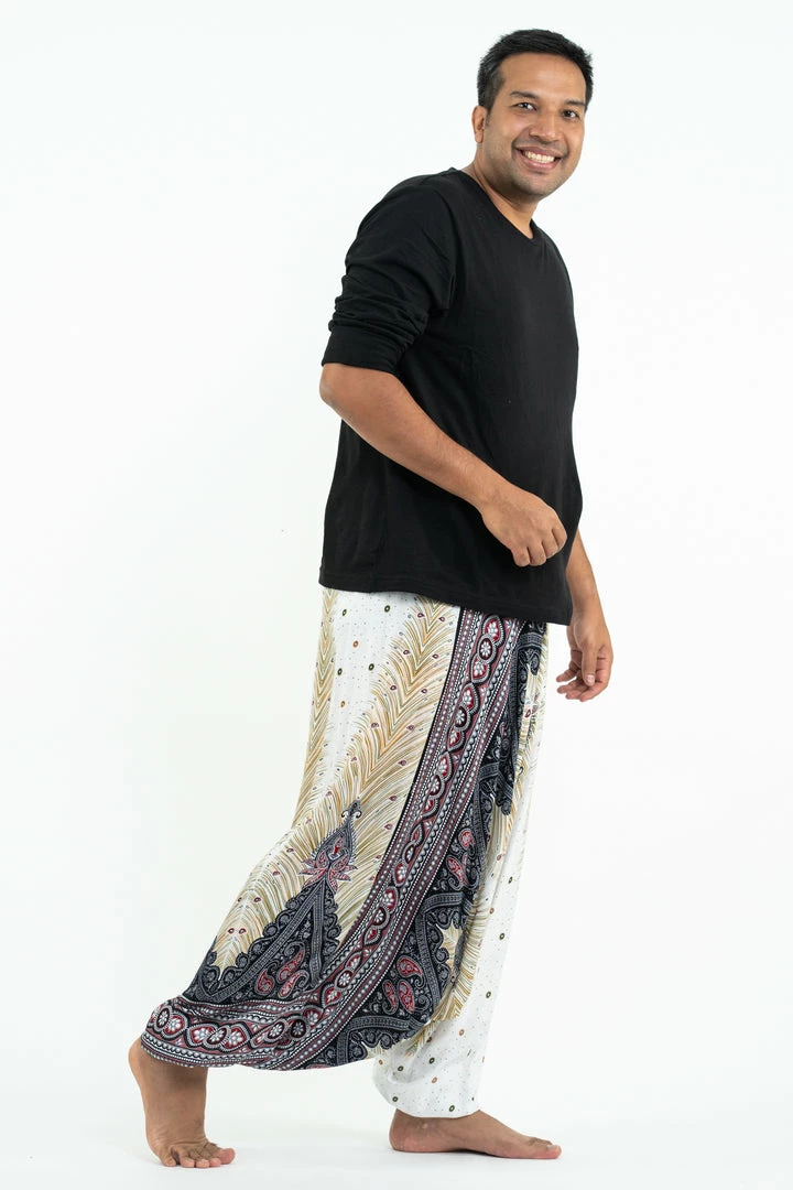 HaremPants.com Plus Size Peacock Feathers Drop Crotch Men's Harem Pants In White 5 HaremPants.com Plus Size Peacock Feathers Drop Crotch Men's Harem Pants In White