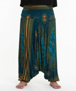 HaremPants.com Plus Size Peacock Eyes Drop Crotch Men's Harem Pants In Turquoise