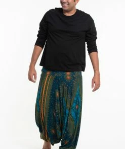 HaremPants.com Plus Size Peacock Eyes Drop Crotch Men's Harem Pants In Turquoise
