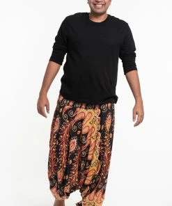 HaremPants.com Plus Size Peacock Paisley Drop Crotch Men's Harem Pants In Black