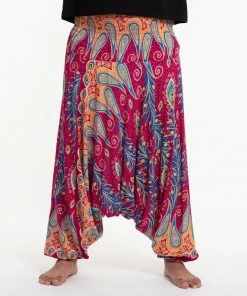 HaremPants.com Plus Size Peacock Paisley Drop Crotch Men's Harem Pants In Pink