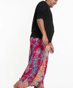 HaremPants.com Plus Size Peacock Paisley Drop Crotch Men's Harem Pants In Pink
