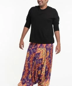 HaremPants.com Plus Size Peacock Paisley Drop Crotch Men's Harem Pants In Purple