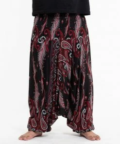 HaremPants.com Plus Size Paisley Feathers Drop Crotch Men's Harem Pants In Black
