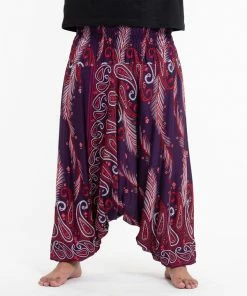 HaremPants.com Plus Size Paisley Feathers Drop Crotch Men's Harem Pants In Purple