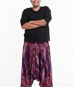 HaremPants.com Plus Size Paisley Feathers Drop Crotch Men's Harem Pants In Purple