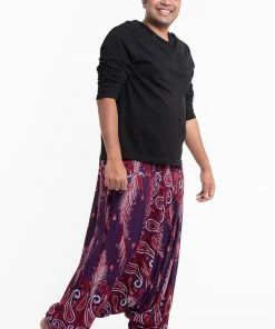 HaremPants.com Plus Size Paisley Feathers Drop Crotch Men's Harem Pants In Purple