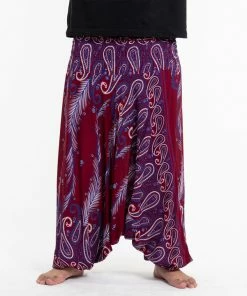 HaremPants.com Plus Size Paisley Feathers Drop Crotch Men's Harem Pants In Red
