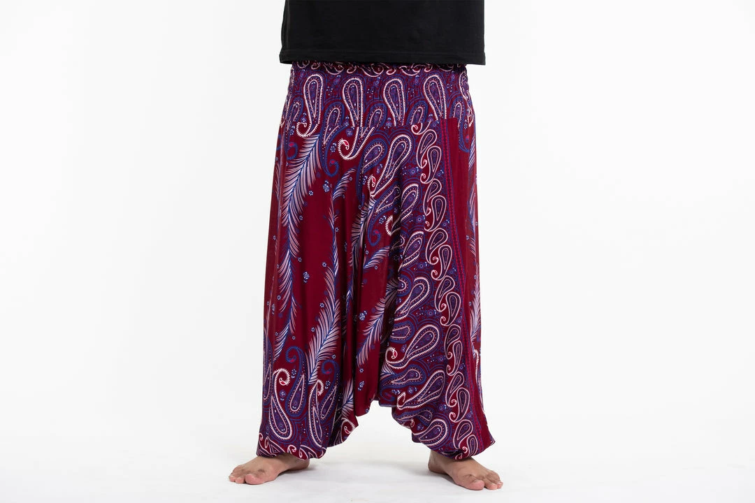 HaremPants.com Plus Size Paisley Feathers Drop Crotch Men's Harem Pants In Red 4 HaremPants.com Plus Size Paisley Feathers Drop Crotch Men's Harem Pants In Red