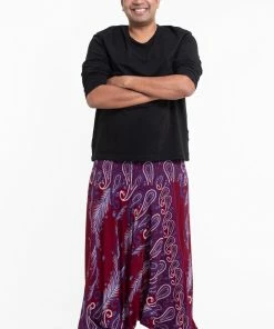 HaremPants.com Plus Size Paisley Feathers Drop Crotch Men's Harem Pants In Red 7 HaremPants.com Plus Size Paisley Feathers Drop Crotch Men's Harem Pants In Red
