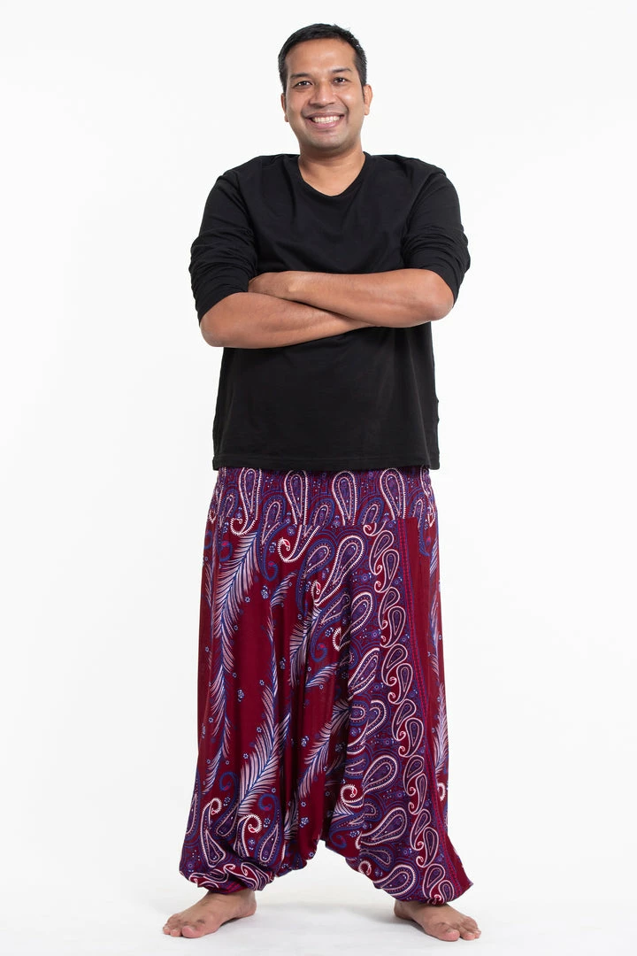 HaremPants.com Plus Size Paisley Feathers Drop Crotch Men's Harem Pants In Red 5 HaremPants.com Plus Size Paisley Feathers Drop Crotch Men's Harem Pants In Red