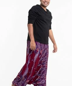 HaremPants.com Plus Size Paisley Feathers Drop Crotch Men's Harem Pants In Red
