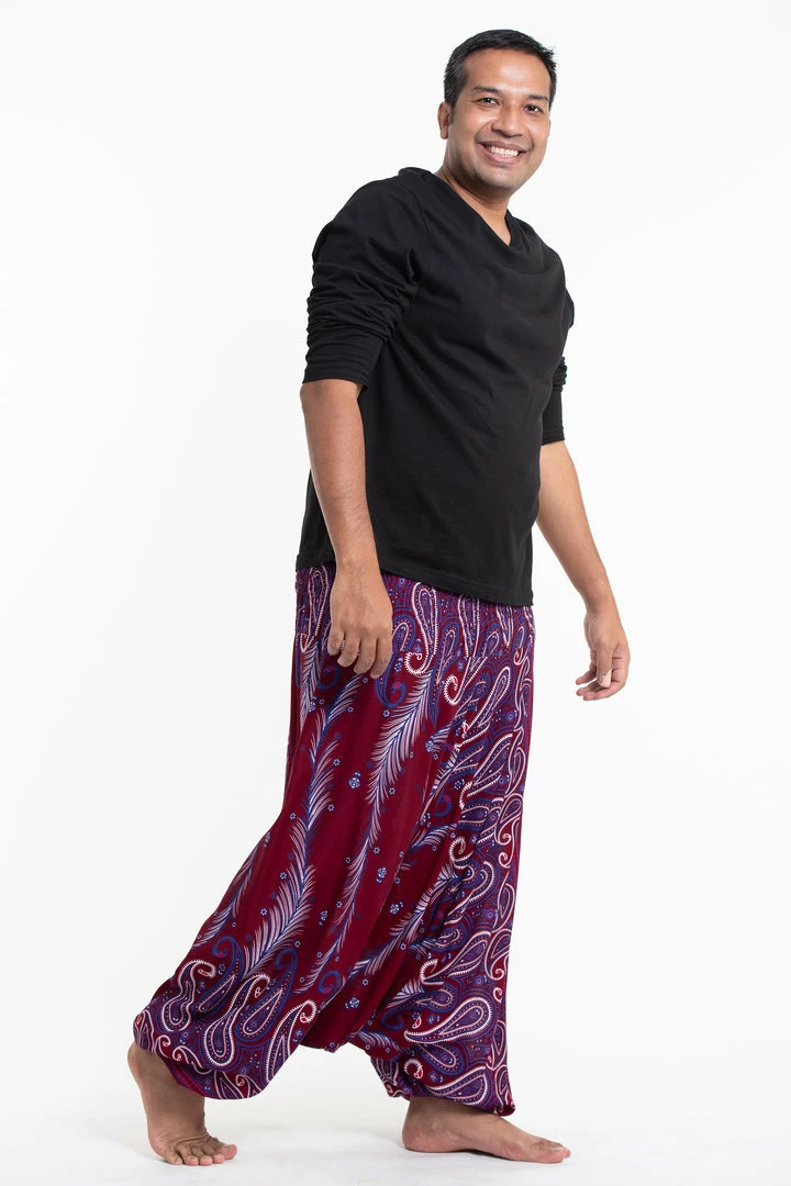 HaremPants.com Plus Size Paisley Feathers Drop Crotch Men's Harem Pants In Red 3 HaremPants.com Plus Size Paisley Feathers Drop Crotch Men's Harem Pants In Red