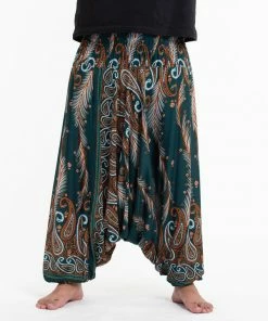 HaremPants.com Plus Size Paisley Feathers Drop Crotch Men's Harem Pants In Green