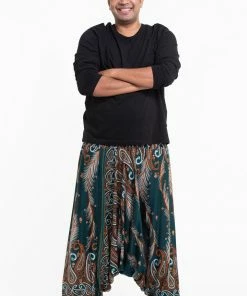 HaremPants.com Plus Size Paisley Feathers Drop Crotch Men's Harem Pants In Green