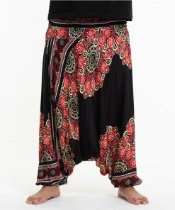 HaremPants.com Plus Size Peony Mandalas Drop Crotch Men's Harem Pants In Black