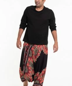 HaremPants.com Plus Size Peony Mandalas Drop Crotch Men's Harem Pants In Black