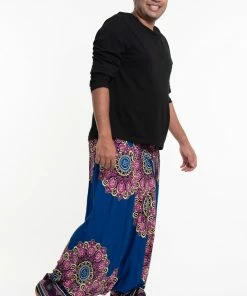 HaremPants.com Plus Size Peony Mandalas Drop Crotch Men's Harem Pants In Indigo