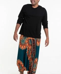 HaremPants.com Plus Size Peony Mandalas Drop Crotch Men's Harem Pants In Teal