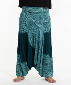 HaremPants.com Plus Size Floral Mandalas Drop Crotch Men's Harem Pants In Teal