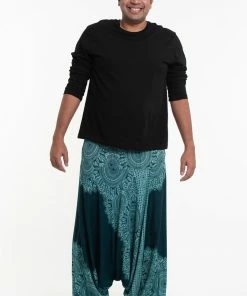 HaremPants.com Plus Size Floral Mandalas Drop Crotch Men's Harem Pants In Teal
