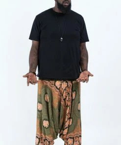 HaremPants.com Plus Size Mandala Elephant Drop Crotch Men's Elephant Pants In Olive