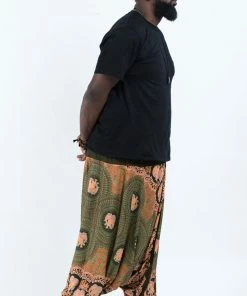 HaremPants.com Plus Size Mandala Elephant Drop Crotch Men's Elephant Pants In Olive