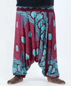 HaremPants.com Plus Size Mandala Elephant Drop Crotch Men's Elephant Pants In Red