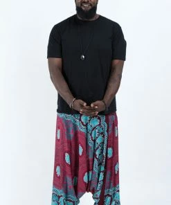 HaremPants.com Plus Size Mandala Elephant Drop Crotch Men's Elephant Pants In Red