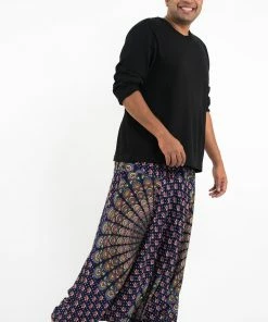HaremPants.com Plus Size Peacock Mandalas Drop Crotch Men's Harem Pants In Blue