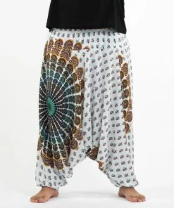 HaremPants.com Plus Size Peacock Mandalas Drop Crotch Men's Harem Pants In White