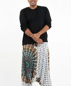 HaremPants.com Plus Size Peacock Mandalas Drop Crotch Men's Harem Pants In White
