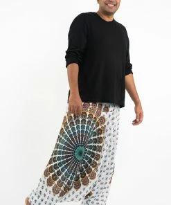 HaremPants.com Plus Size Peacock Mandalas Drop Crotch Men's Harem Pants In White