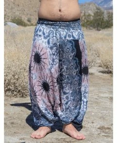 HaremPants.com Plus Size Paisley Mandalas Drop Crotch Men's Harem Pants In Silver Gray